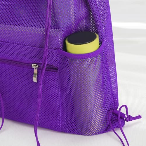 NATURAL STYLE Mesh Drawstring Backpack Bag, Gym Sports Bag with Zipper Pocket Bottle Holder, String Beach Bag for Swiming Travel (Purple) - color: Purple