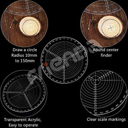 Frienda 300 mm/ 12 Inch Round Center Finder Compass Lathe Centering Tool Circle Gauge for Drawing Circles, Lathe Work and Woodturners, Round Template Clear Acrylic Drawing Circles Diameter