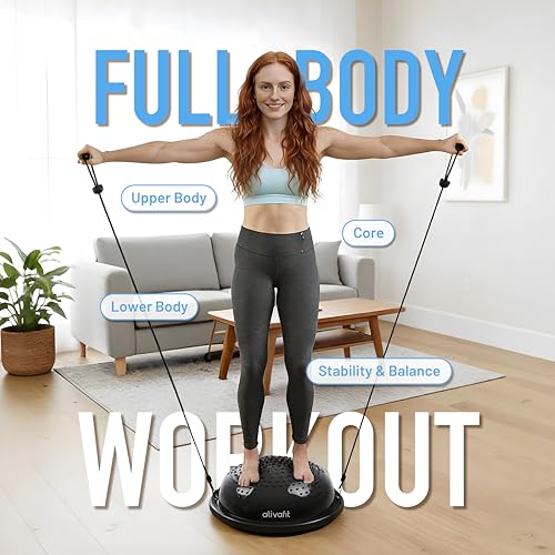 ATIVAFIT Balance Ball Trainer - Half Exercise Ball with Inflation Pump & Resistance Bands - Anti-Burst PVC Stability Trainer for Home Gym, Yoga, Core Training - 660 lbs Capacity - color: Black