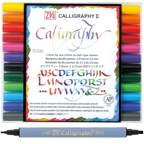 Kuretake ZIG Calligraphy Marker Pens, 12 Colors set, 2mm & 3.5mm Dual Tip Markers, for Writing & Hand Lettering, for Professional, Beginner, Water-based dye ink, Made in Japan - style: 12 Colors
