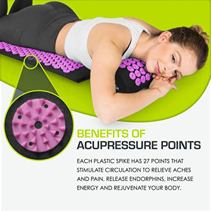ProsourceFit Acupressure Mat and Pillow Set for Back/Neck Pain Relief and Muscle Relaxation, Large - Black/Pink - color: Black/Pink, size: Large