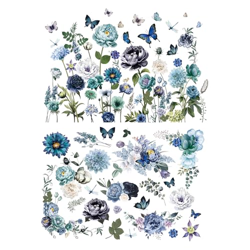 Joeyan Blue and Green Floral Rub On Transfers for Furniture and Crafts, 2 Large Design Sheets 12''x18'', DIY Home Decal on Wood Glass Metal Canvas Porcelain Paper Plastic, Flowers in The Field - style: Blue and Green Floral