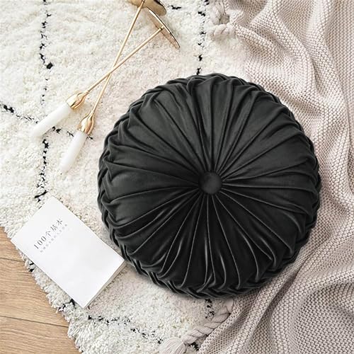 HIG Set of 2 Black Velvet Decorative Round Pleated Throw Pillows - color: Black