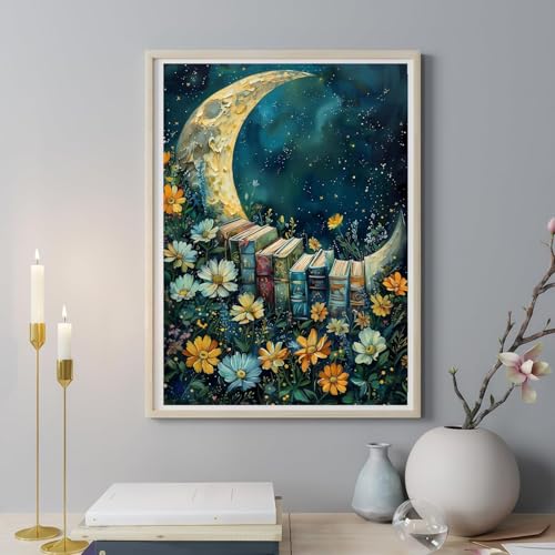 RYMILIE Diamond Art Kits for Adults Vintage Book and Moon 12x16inch | 5D Stress Relief Diamond Painting Kit for Beginners, DIY Full Round Drill Gem Art Crafts for Home Wall Decor Gift - color: DP04075