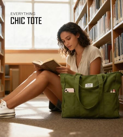 Bagelite Extra Large Canvas Tote for Women Men, Utility Work Bag with Zipper - color: Green