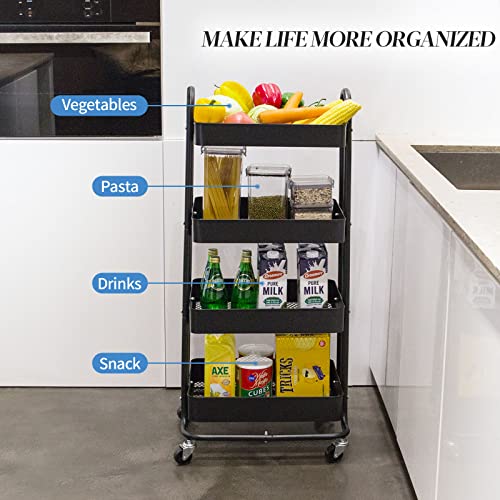 elabo 4-Tier Metal Mesh Utility Rolling Cart, Storage Organizer Trolley Services Cart with Lockable Wheels for Kitchen, Bathroom, Living Room (Black) - color: Black