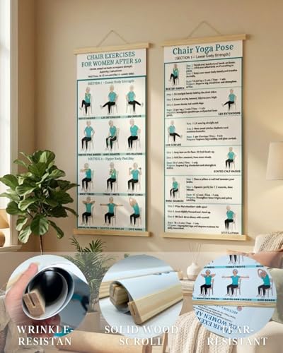 2PC-Chair Yoga & Seated Exercise Poster for Seniors & Beginners ,Extra Large Font Fabric Wall Chart with Hanging Rod & String , Durable Foldable Guide for Home/Office (Lower Body Strength & Upper Body Mobility) (off-white)
