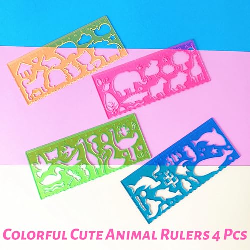 Template for Drawing,4 Pack Clear Ruler Animal-Shaped Stencils Drafting Tools Set Stencil Maker Rulers,Rulers for Kids,Measuring Templates Rulers for Office,School,Drawing