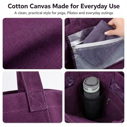 Yoga Mat Bag for Women, Pure Cotton Canvas Yoga Tote with Wet/Dry Pocket, Bottle Holder & Inner Zipper Pocket, Yoga Mat Carrier Bag for Pilates, Gym, Travel, Beach - color: Purple