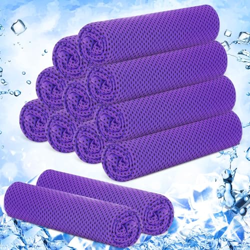 Hosuly 12 Pieces Cooling Towels, 40 x 12 Inch Ice Cool Towel for Neck and Face Microfiber Soft Breathable Chilly Rags for Yoga, Sports, Golf, Gym, Running, Workout(Purple) - color: Purple
