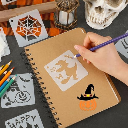 Augshy 56 Pack Small Halloween Pumpkin Stencils for Painting Crafts | Plastic, Reusable, Wood Ornaments, Fabrics, Door Mats, Window Decoration, DIY Crafts, 3 Inch - style: Halloween