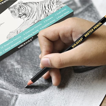 Professional Sketch Pencil Set – 26 PCS Complete Drawing Kit for Artists Graphite, Charcoal, Pastel, Erasers & Tools for Sketching, Shading & Detailing