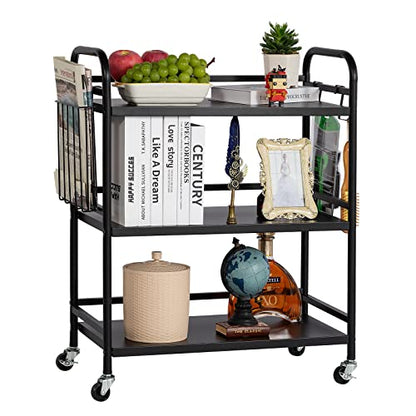 HDANI 3 Tier Metal Rolling Utility Cart,High Capacity Multi Purpose Heavy Duty Cart for Office,Kitchen,Living Room,Bedroom,Black - color: Black, size: Large Solid with Basket