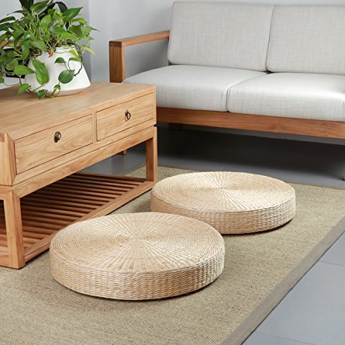 HUAWELL 2 Pieces Japanese Tatami Floor Pillow Set Zafu Natural Seat Furniture Set Meditation Floor Mat Cushion Multi-Functional Handmade Breathable Circle Beige - size: 23.6*23.6*3.94 Inch