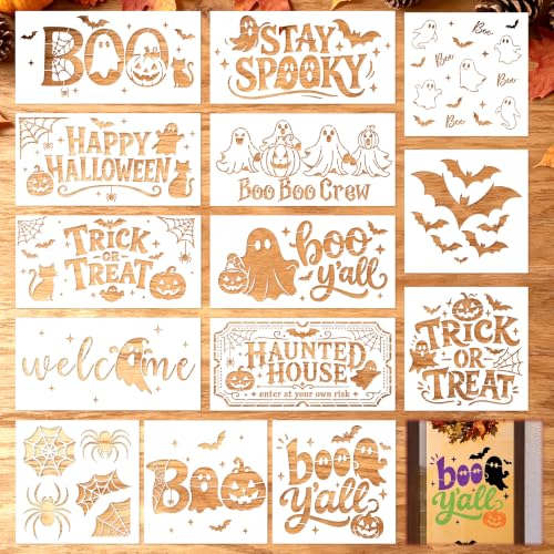 Sitsink Halloween Stencils for Painting Ghost Pumpkin Template Mat Wall | 14 reusable stencils, ghost pumpkin bat spider seasonal print templates, stencils for painting mat rug furniture wall crafts - style: halloween