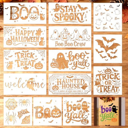 Sitsink Halloween Stencils for Painting Ghost Pumpkin Template Mat Wall | 14 reusable stencils, ghost pumpkin bat spider seasonal print templates, stencils for painting mat rug furniture wall crafts - style: halloween