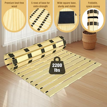 Japanese Tatami Mat Floor Bed, Knotless Solid Wood, Roll-Up Slatted Bed Plate with 2 Storage Straps, Moisture-Proof and Breathable for Floor Sleeping or Futon Mattress, Queen - size: Queen