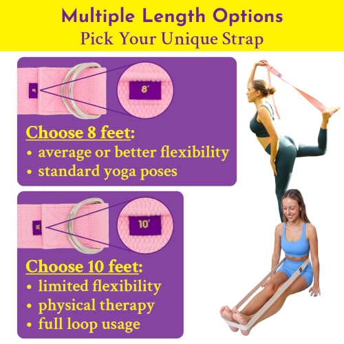 Extra-Wide 2 Inch Cotton Yoga Strap: Stretching, Physical Therapy, Exercise | Slip-free steel D-rings; adjustable; non-slip; 8 & 10 ft lengths; storage bag + e-book; hamstring & legs; flexibility & rehab - color: Pink, size: 8 feet