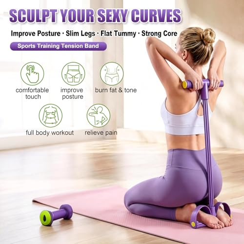 Foot Pedal Resistance Bands with Handles, Multifunction Elastic Yoga Exercise Bands, Home Gym Fitness Equipment for Women & Men to Tone Abs, Core, Legs, Arms, Waist - color: Purple