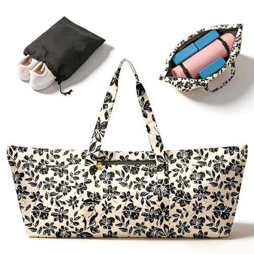 Yoga Mat Bag for Women Men Large Yoga Bag Travel | Gym Bag for Pilates Office Beach Workout, Yoga Mat Tote Carrier with Mat Strap for 1/4" 1/2" Thick Exercise Yoga Mat - color: Black Flowers