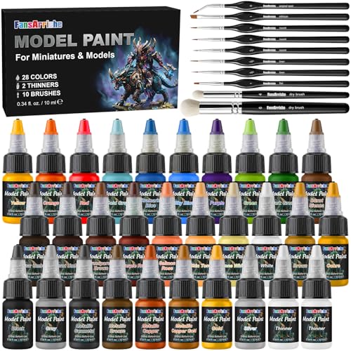 FansArriche Model Paint, 28 Colors with 2 Thinners, 8 Brushes & 2 Drybrush | Airbrush Compatible Miniature Paint Set, Acrylic Model Paint and Brush Set for Miniatures, Gaming Figures, 3D Prints & Crafts