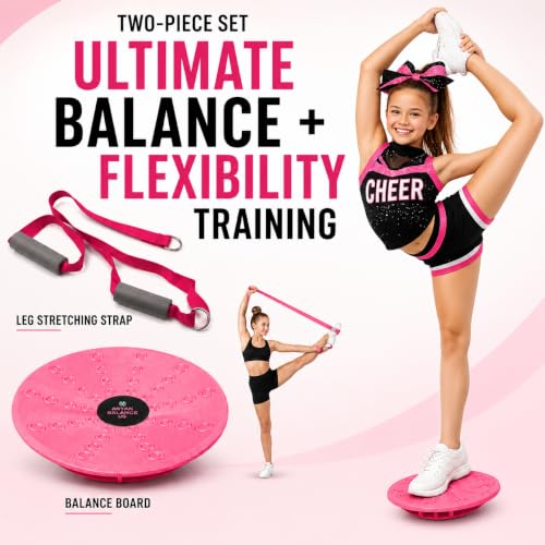 Cheer Flyer Stunt Trainer Balance Board & Leg Stretching Strap 2 Pc Set | For cheer flyers, dance, ballet, gymnastics, flexibility, stability, core strength and home practice - color: Pink