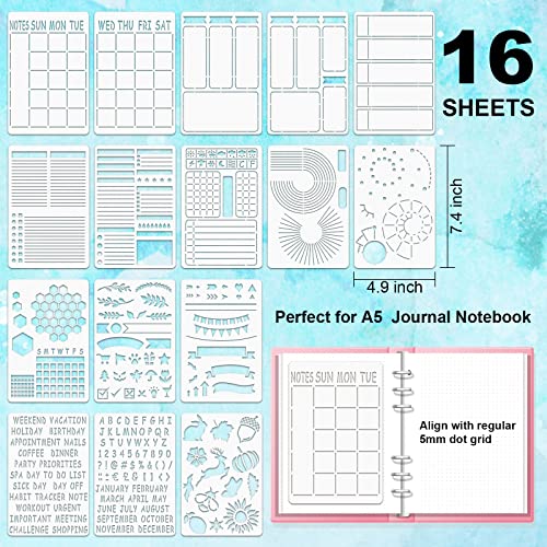 ALODNY 16 Pcs Journal Stencils Set - Time Saving Bullet Journaling Supplies/Accessories Kit -Ultimate Productivity Planner Stencil for Bullet Journal Stencils A5 Dotted Journals | Time Saving Bullet Journal Supplies Kit-Back to School Supplies Planner Ste