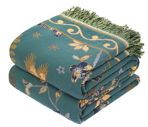 VANJOROY Boho 100% Cotton Large Throw Blanket - All Season Rustic Ultra Soft Breathable Floral Bird King Blanket for Bed Sofa Couch Chair Bedspread Quilt Gift, 91" x 98"-Teal/Beige - color: Flower-bird, size: King (91" X 98")