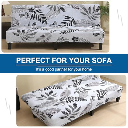 MIFXIN Armless Sofa Cover Futon Slipcover Stretch Elastic Soft Folding Sofa Bed Non-Armrest Couch Furniture Protector Spandex Printed Washable Sofa Cover Without Armrests (Leaves-A) - color: Leaves-a