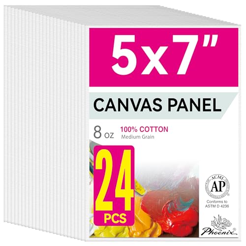 PHOENIX Small Painting Canvas Panels 5x7 Inch, 24 Bulk Pack - 8 Oz Triple Primed 100% Cotton Acid Free Canvas Boards for Painting, White Blank Flat Canvas Boards for Acrylic, Oil Paints - color: White - Bulk Pack, size: 5" x 7"