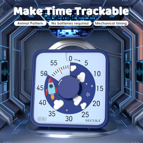 Secura 7.5-Inch Rocket Pattern Visual Timer for Kids, 60-Minute Countdown Timer for Classroom or Kitchen, Durable Mechanical Timer Clock with Magnetic Backing (Blue) - color: Dark Blue