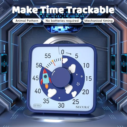Secura 7.5-Inch Rocket Pattern Visual Timer for Kids, 60-Minute Countdown Timer for Classroom or Kitchen, Durable Mechanical Timer Clock with Magnetic Backing (Blue) - color: Dark Blue