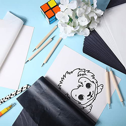 Outus 100 Sheets Carbon Graphite Transfer Paper A4 Size Tracing Carbon Copy Graphite Paper with 5 Embossing Stylus Tracing Stylus Dotting Tools for Dark Cloth Fabric Embroidery and Wood, Black&White - color: Black, White