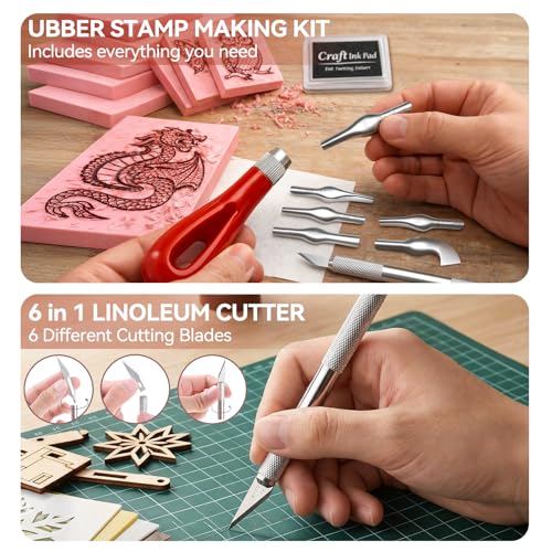 WAYCOM 5-Pack Linoleum Blocks for Printmaking: Linocut kit with Tools & Ink - 4x6 Rubber Carving Blocks - Art Craft Supplies for Beginners & Hobbyists - Gifts for Christmas/Birthday/Art Enthusiast - color: 5 Rubber Blocks + Carving Tool Kit