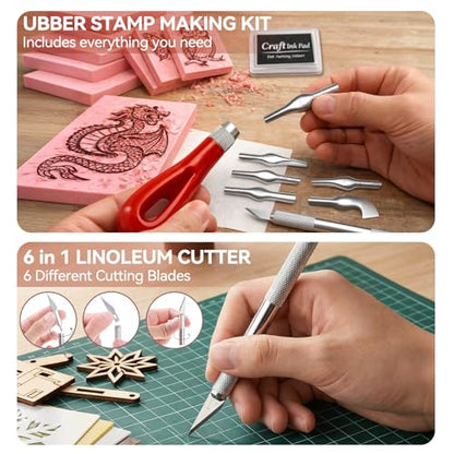 WAYCOM 10-Pack Linoleum Blocks for Printmaking: Linocut kit with Tools & Ink - 4x6 Rubber Carving Blocks - Art Craft Supplies for Beginners & Hobbyists - Gifts for Christmas/Birthday/Art Enthusiast - color: 10 Rubber Blocks + Carving Tool Kit