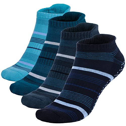 unenow Unisex Non Slip Grip Socks for Yoga Pilates Barre Home & Hospital - color: 4 Pairs-stripe-blue/Black/Dark Grey/Coffee, size: Medium