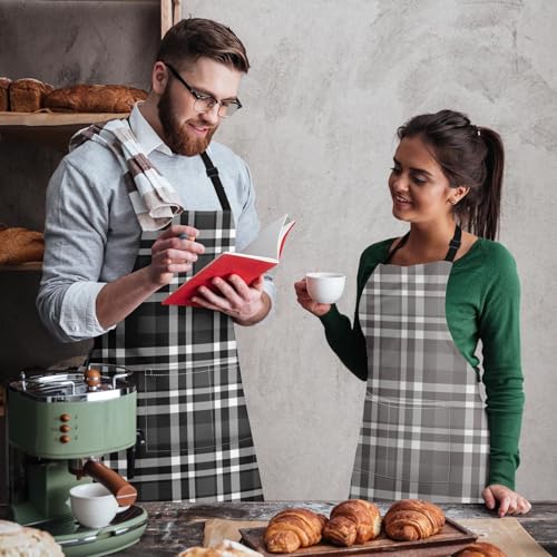 Apron with Pockets, 32x28 inch, 2 Pack, Plaid | Black Grey Grid Geometric Adjustable Bib with Pockets for Women Men Couple Lovers Chef Home Baking Gardening - color: Black Gray