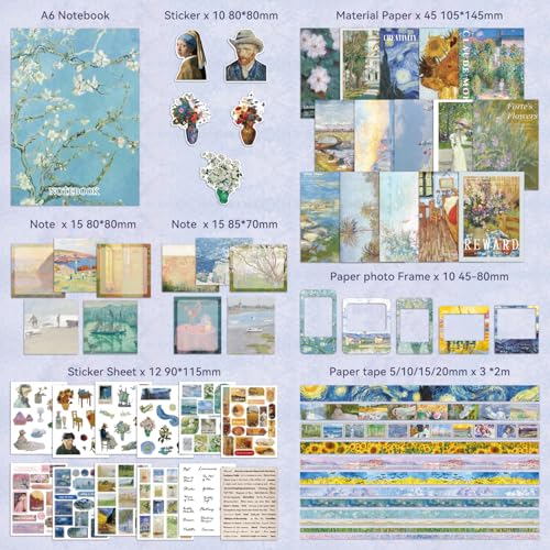 Scrapbooking Supplies Kit, Monet Van Gogh Oil Painting Theme Scrapbook Kit for Bullet Junk Journal, 12 Rolls Washi Tape, Stickers Papers for DIY Journaling Supplies, Craft Gift for Women Teenage - color: Oil painting