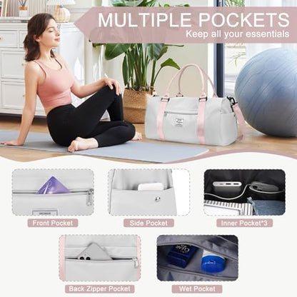 Gym Bag Womens with Shoes Compartment Travel Duffel Bag Grey Pink - color: B12-Grey&Pink+Toiletry Bag