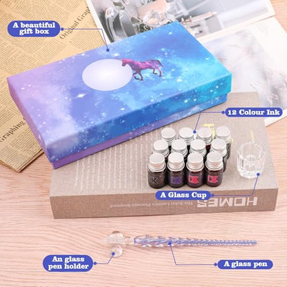 Luxiv Glass Dip Pen Set, Purple Crystal Pen With Ink, Holder, and Package - color: Purple, style: Sets (15Pcs)