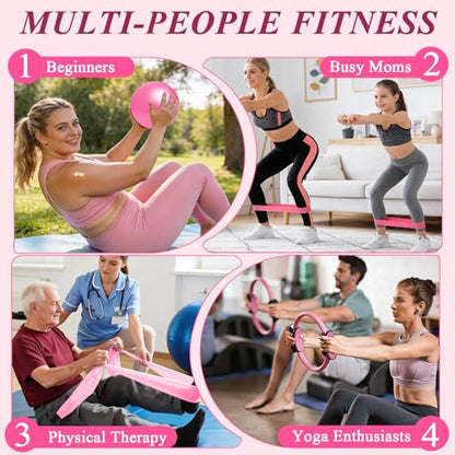 Pilates Ring and Small Ball Set for Women with 5 Resistance Bands, 14 inch Magic Circle Home Workout Essentials Starter Kit for Beginners, Yoga Sets for Full Body Toning Shape