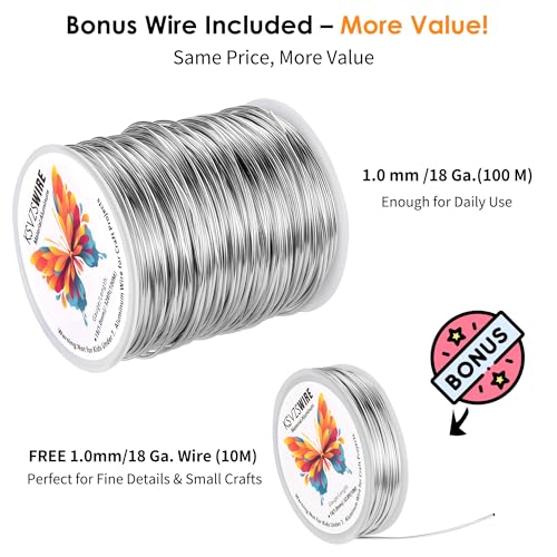 Aluminum Craft Wire 18 Gauge(1.0 mm)–328 FT(100 M)+18 Gauge (1.0 mm) 32.8FT (10 M) KSVZS Anodized Aluminum Wire,Flexible Metal Wire for Crafts,Sculpting,Jewelry Making,Armature and DIY Crafts(Silver) - size: 18 Gauge