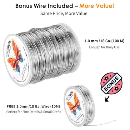 Aluminum Craft Wire 18 Gauge(1.0 mm)–328 FT(100 M)+18 Gauge (1.0 mm) 32.8FT (10 M) KSVZS Anodized Aluminum Wire,Flexible Metal Wire for Crafts,Sculpting,Jewelry Making,Armature and DIY Crafts(Silver) - size: 18 Gauge