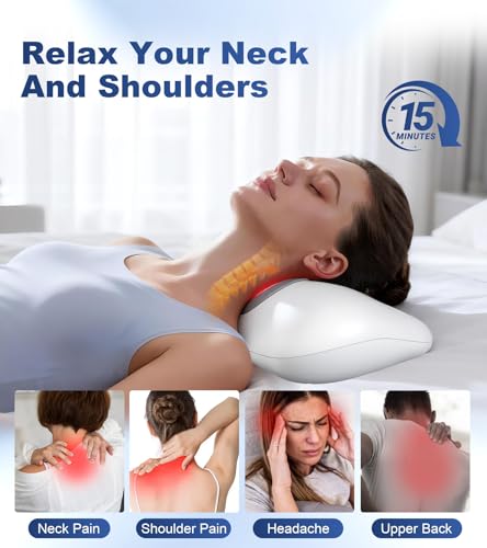 Neck Massage Pillow with Heat & Gentle Light, Contour Design for Relaxation | SOOTHING LIGHT & HEAT COMFORT,This Rupuqira heated neck massager for Neck,Shoulder and Jaw Relaxation, Home/Office Use, White