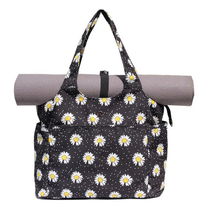ESVAN Yoga Tote Bag Mat bag Women Shoulder Bags Carryall Tote for Travel Office Workout Gym Nurse Beach - color: Canvas Black Flower
