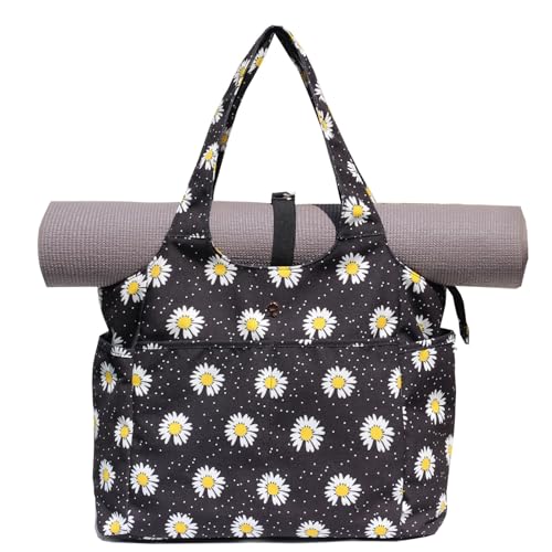 ESVAN Yoga Tote Bag Mat bag Women Shoulder Bags Carryall Tote for Travel Office Workout Gym Nurse Beach - color: Canvas Black Flower