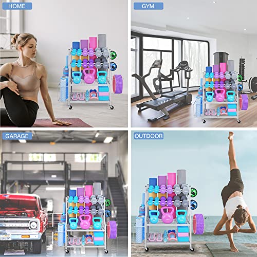 Dumbbell Rack - Weight Rack for Dumbbells, Home Gym Storage Rack for Yoga Mat, Dumbbells and Kettlebells, All in One Workout Equipment Storage with Caster Wheels (Hold Up to 450 Lbs)