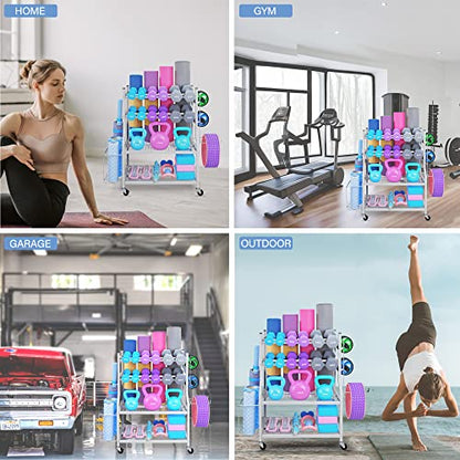 Dumbbell Rack - Weight Rack for Dumbbells, Home Gym Storage Rack for Yoga Mat, Dumbbells and Kettlebells, All in One Workout Equipment Storage with Caster Wheels (Hold Up to 450 Lbs)
