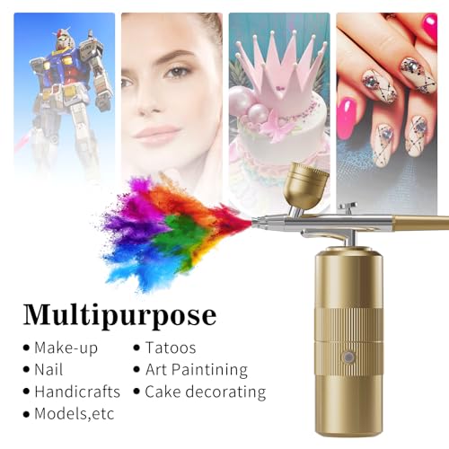 Airbrush Kit with Compressor Portable Airbrush Kit 48PSI High-Pressure Non-Clogging Air Brush Set Cordless Rechargeable with 0.3mm Nozzle and Cleaning Brush for Painting,Nail Art, Makeup (Gold) - color: Gold