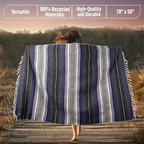 Hydration Nation Authentic Extra Large Mexican Blanket (70"x50") - Handwoven Yoga, Serape - Artisanal Falsa, Beach, Camping, Picnic, Outdoor (Blue Haze) - color: Blue Haze